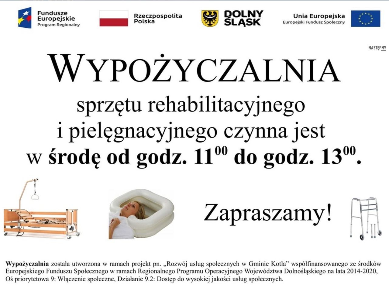 wypożyczalnia sprzętu rehabilitacyjnego i pielęgnacyjnego czynna jest w środę od godz. 11:00 do godz. 13:00