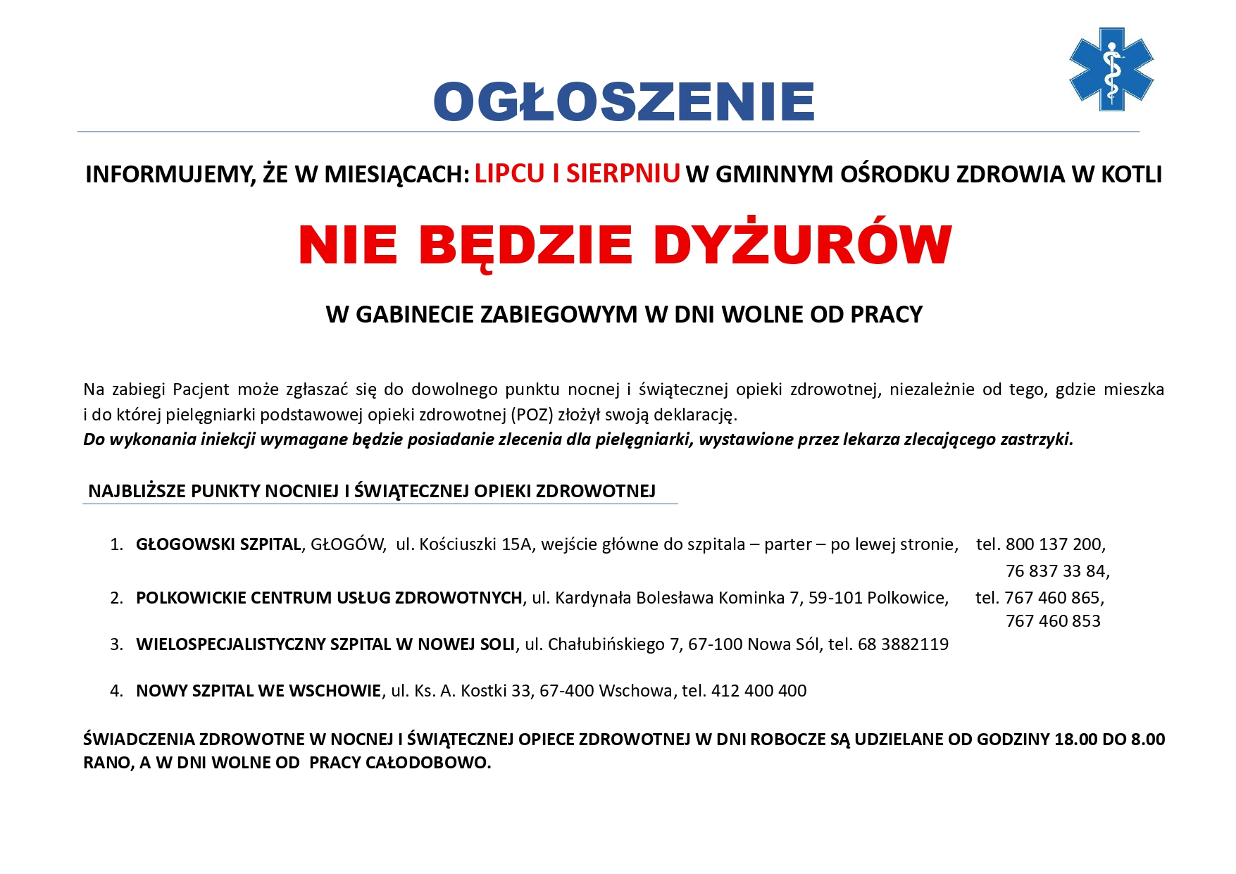W DNI WOLNE OD PRACY NIE BĘDZIE DYŻURÓW W GABINECIE ZABIEGOWYM