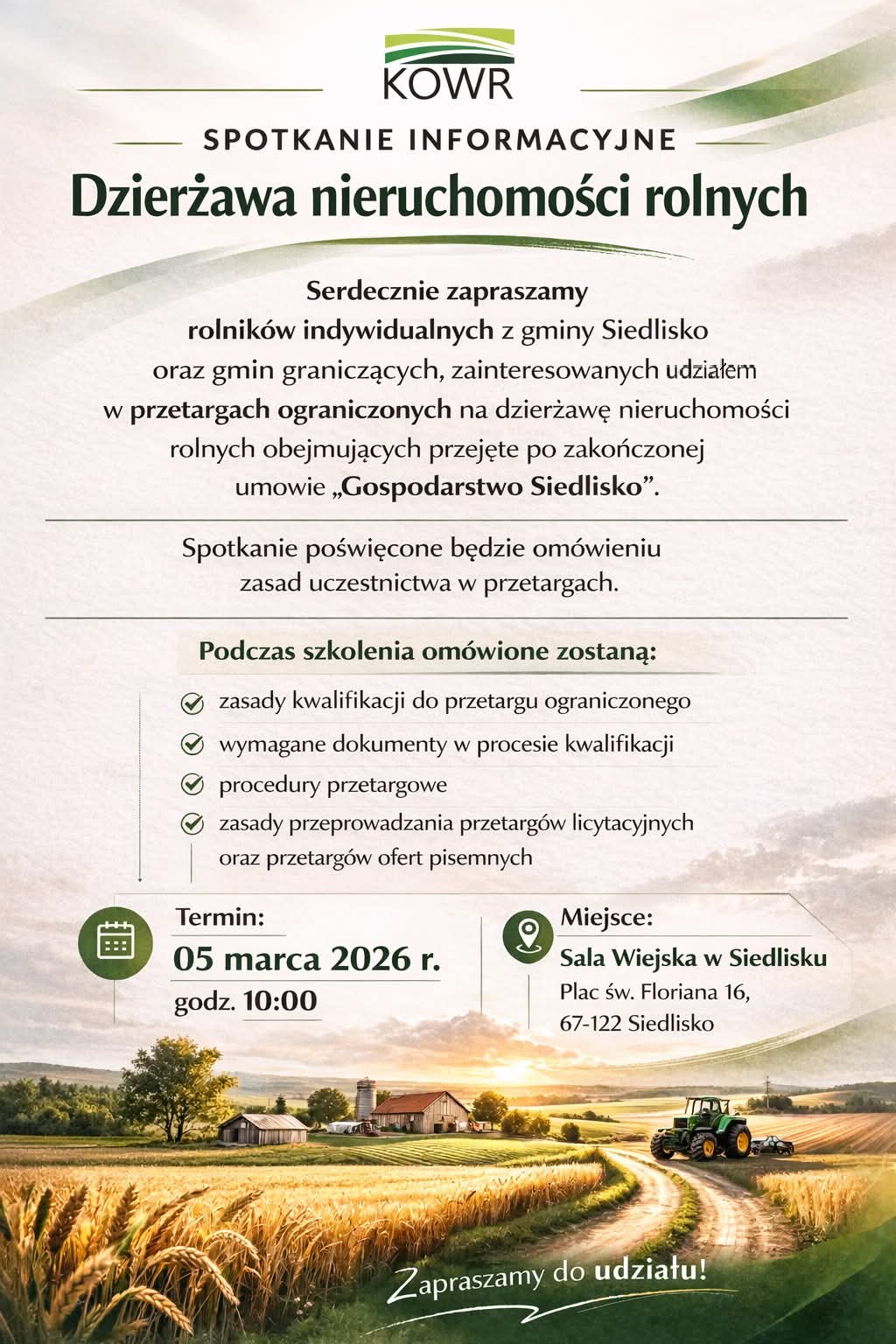 SPOTKANIE INFORMACYJNE W SPRAWIE DZIERŻAWY NIERUCHOMOŚCI ROLNYCH