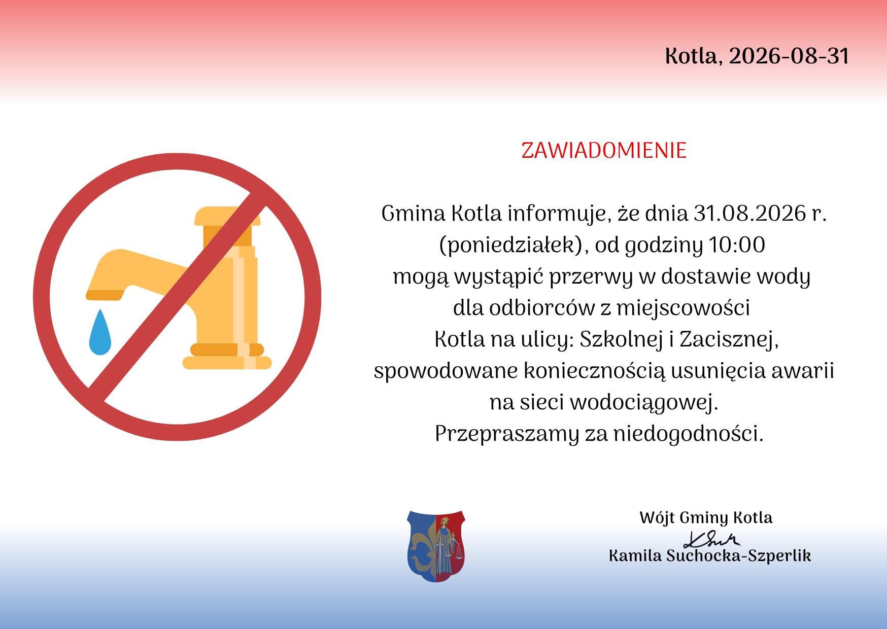UWAGA! PRZERWA W DOSTAWIE WODY 31.08.2026
