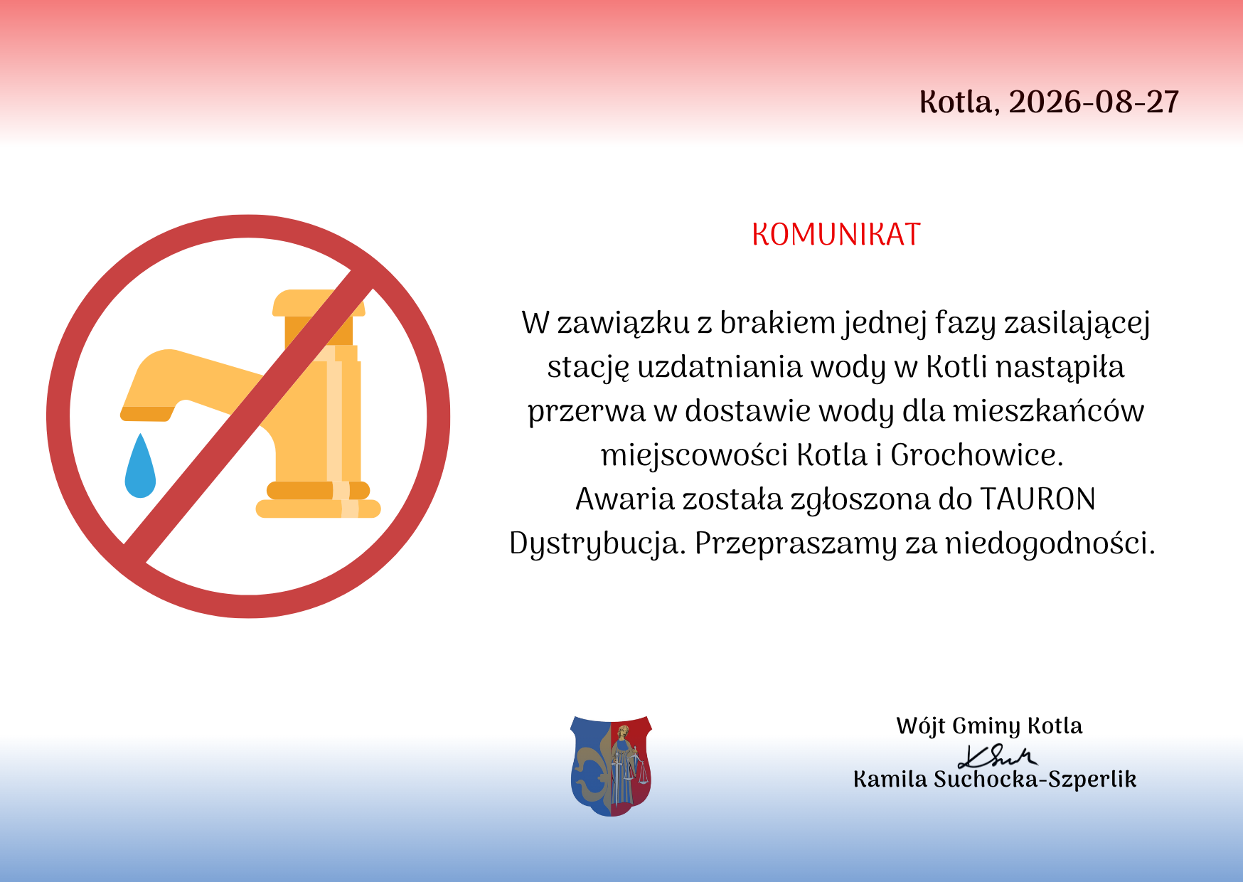 UWAGA! Przerwa w dostawie wody!