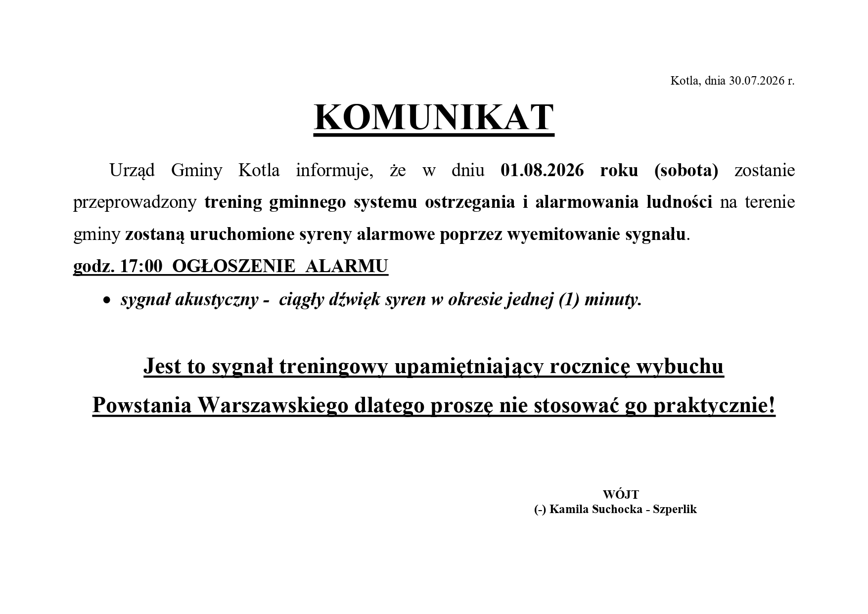 W SOBOTĘ (1.08.2026) ZOSTANĄ URUCHOMIONE TRENINGOWE SYRENY ALARMOWE